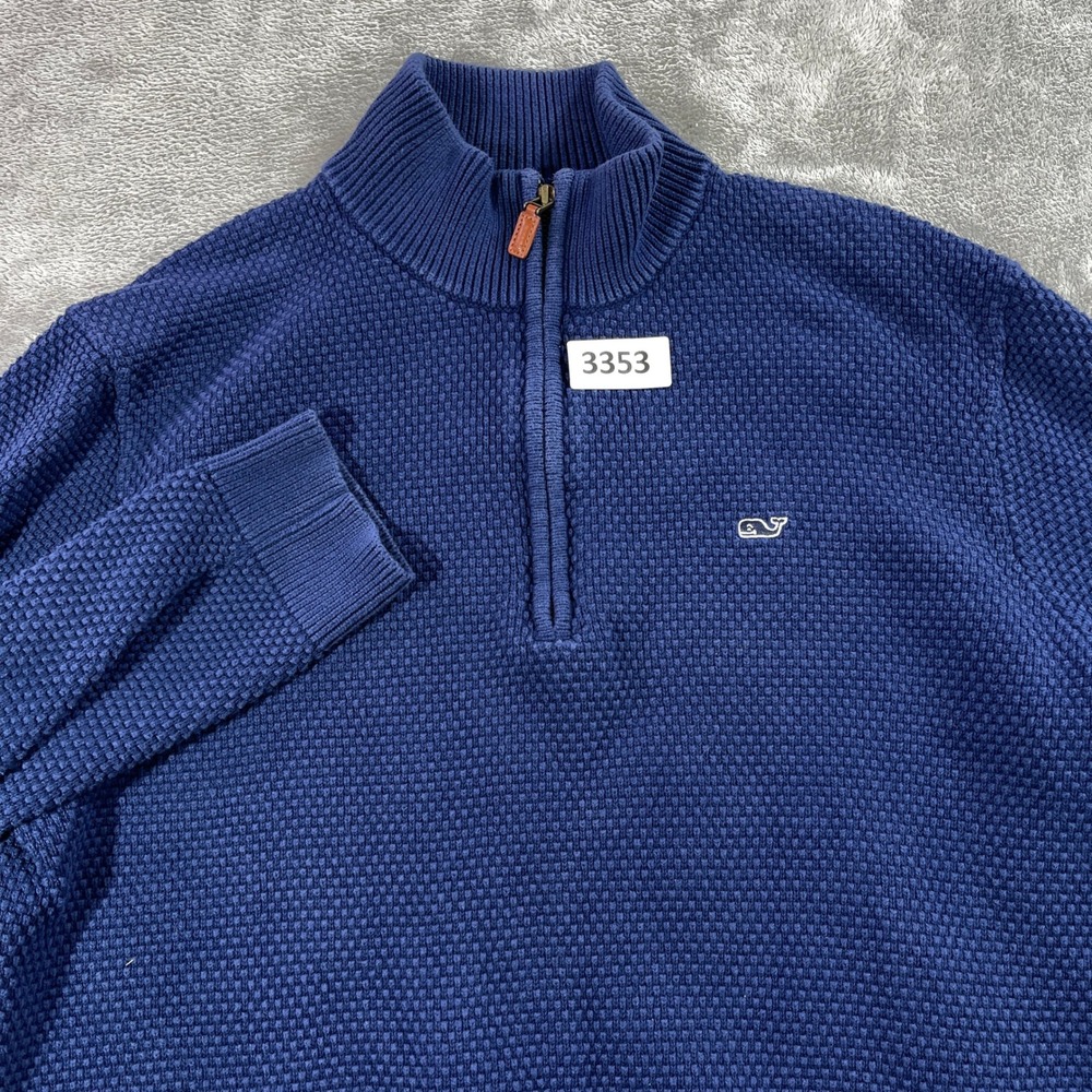 Vineyard Vines Quarter Zip Mens Large Blue Waffle Knit Cotton Pullover Sweater